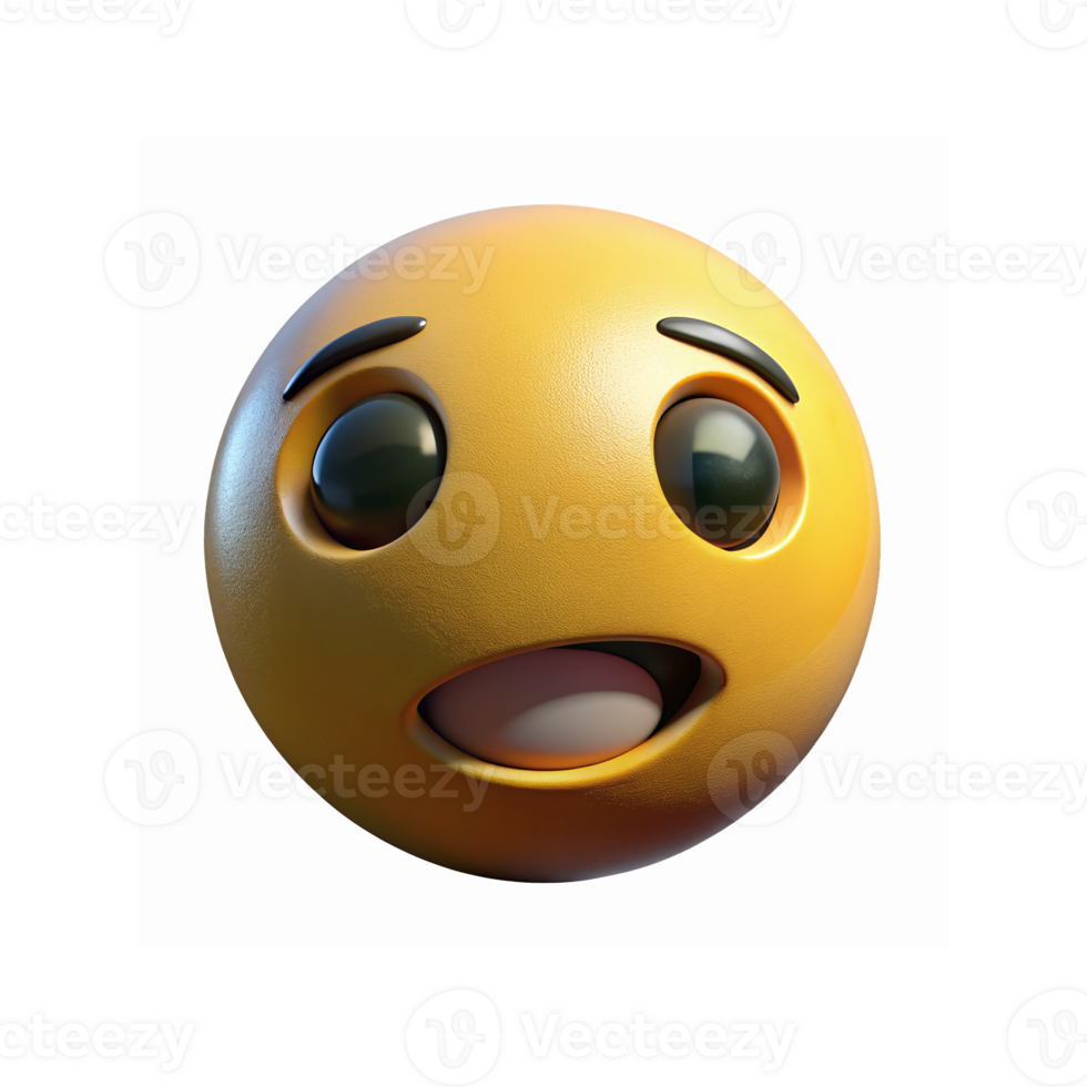 Detailed 3D Render of Yellow Happy Face Emoji with Surprised Expression and Glossy Texture png