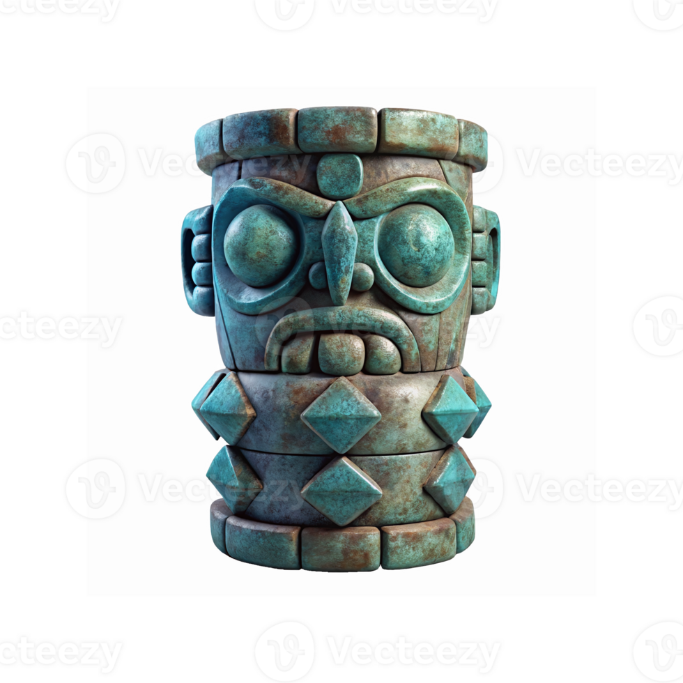 Ancient Turquoise Tribal Sculptural Totem with Geometric Patterns and Stone Texture Artifact png