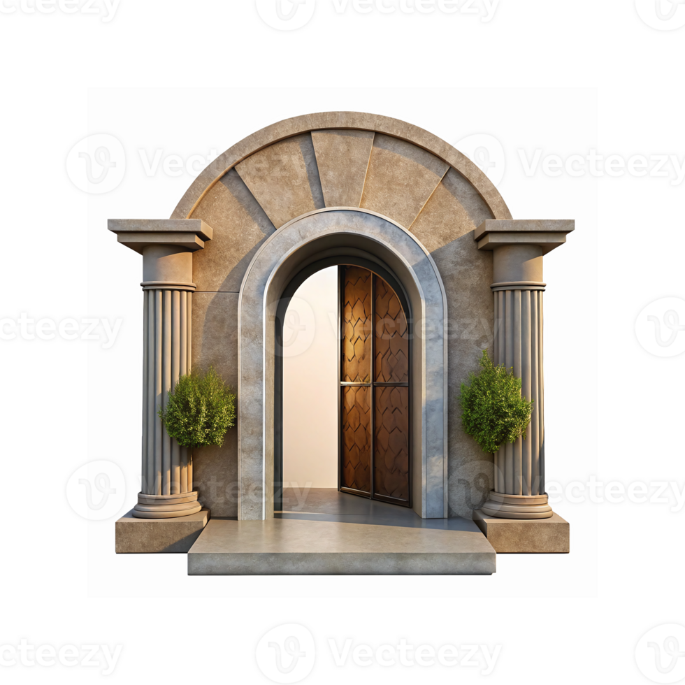 Elegant Stone Archway Entrance with Pillars and Open Wooden Door in Classical Architectural Design png