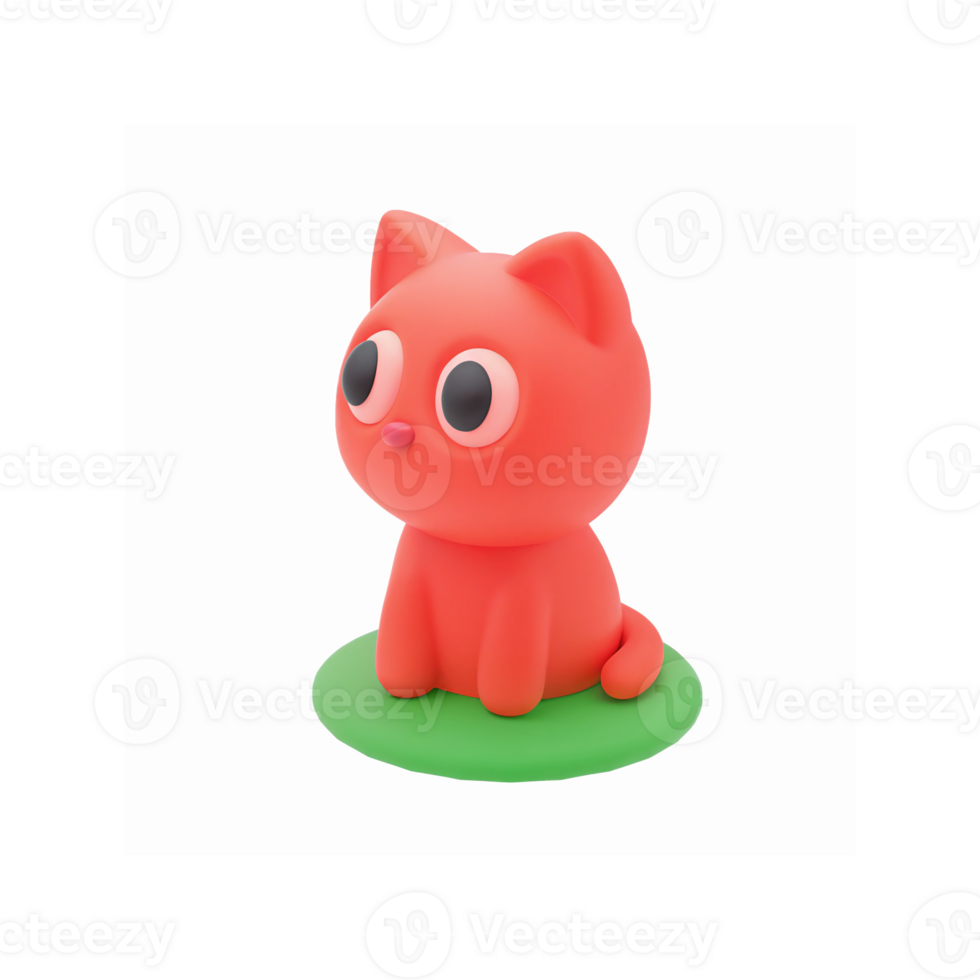 Cute Minimalistic Red Cartoon Cat Figurine Sitting on Green Base with Wide Eyes and Playful Expression png