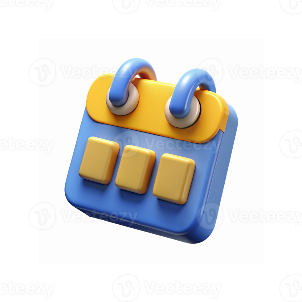 Blue and Yellow 3D Calendar Icon with Three Yellow Buttons on Transparent Background for Digital Use png