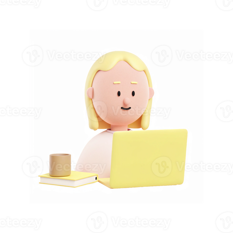 Female Cartoon Character Working on Yellow Laptop with Coffee and Book on Transparent Background png