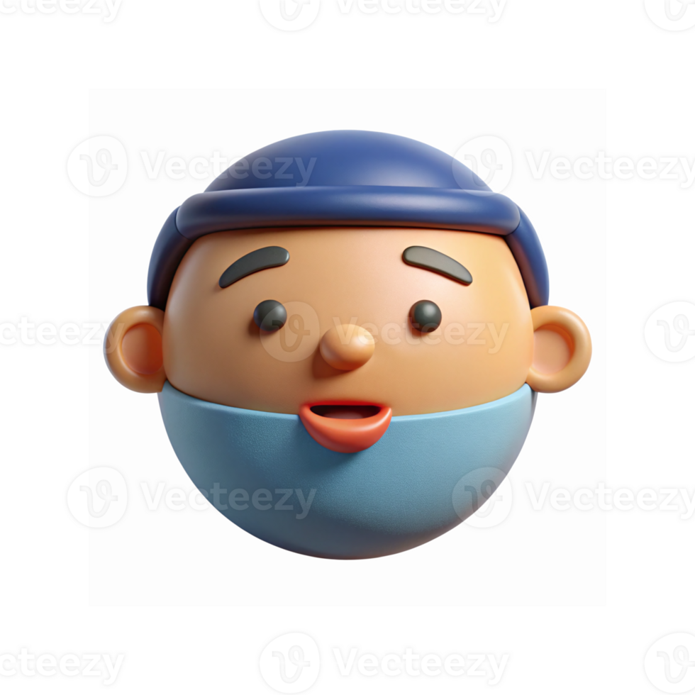 3D Cartoon Head of Smiling Man with Blue Cap and Beard on Transparent Background png