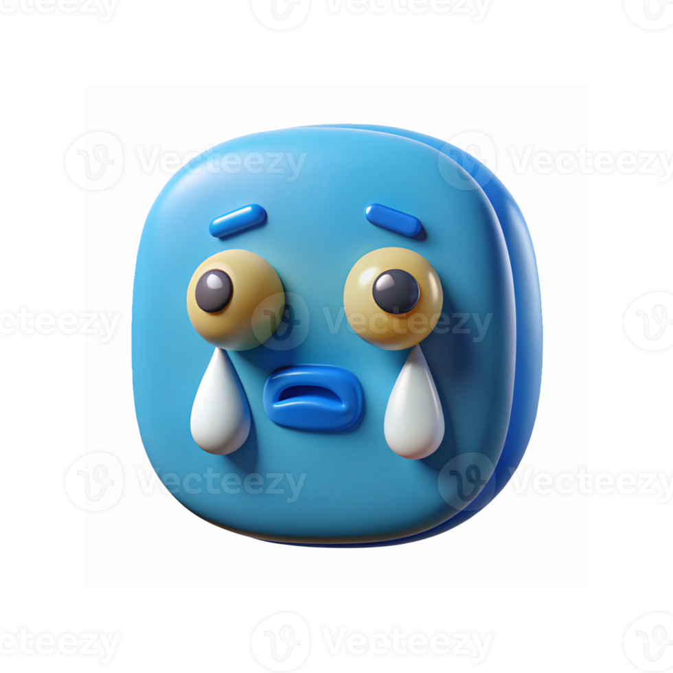 Blue Crying Emo Face Expression with Big Eyes and Tears Depicting Sadness and Emotions in 3D png
