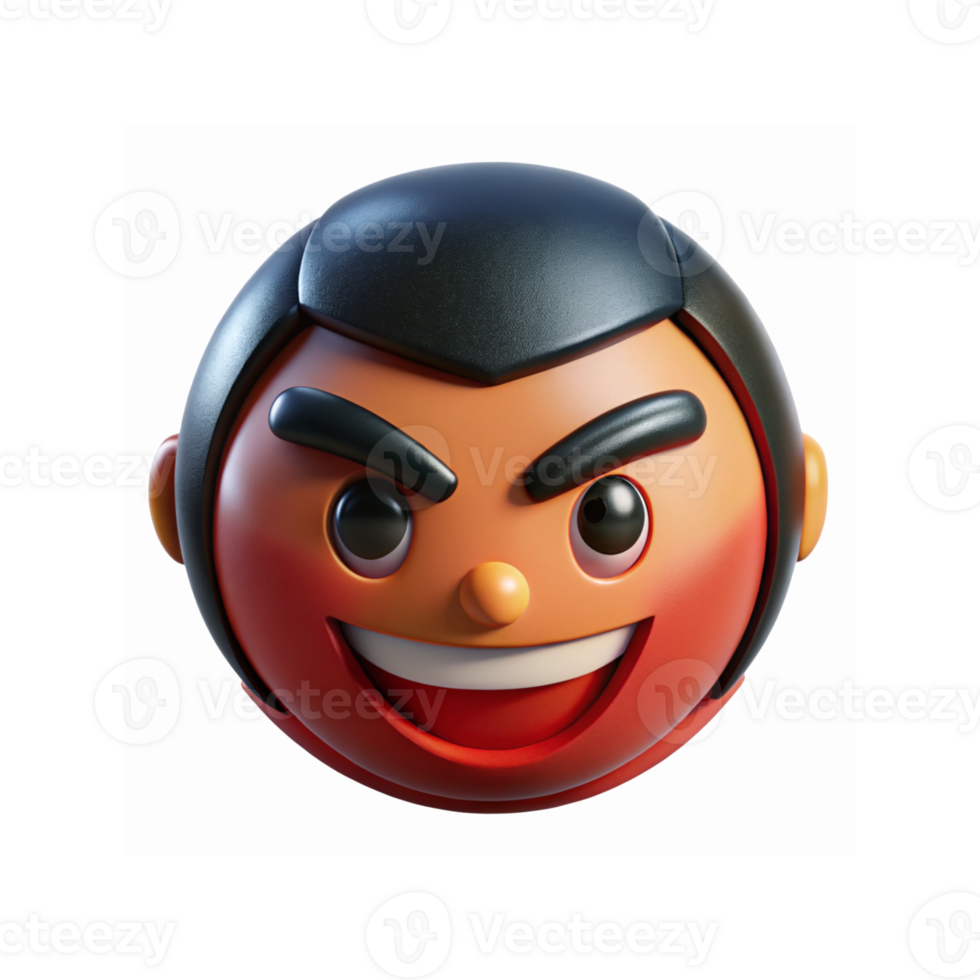 3D Cartoon Face with Black Hair Red Blush Expressive Smile and Angry Eyebrows on White Background png