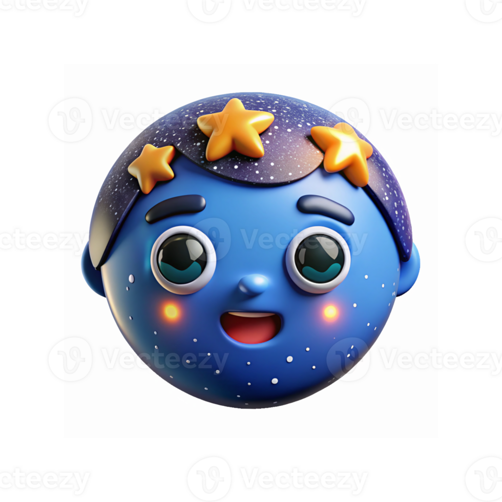 Smiling Blue Cartoon Character Face with Stars Galaxy Design and Cute Expressions for Kids Content png