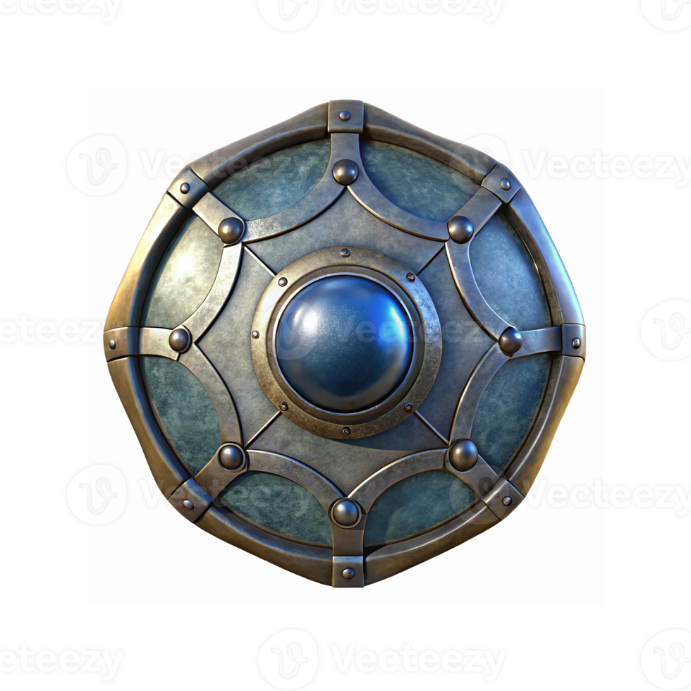 Metallic Round Medieval Shield with Blue Center Orb and Silver Frame for Fantasy or Historical Designs png
