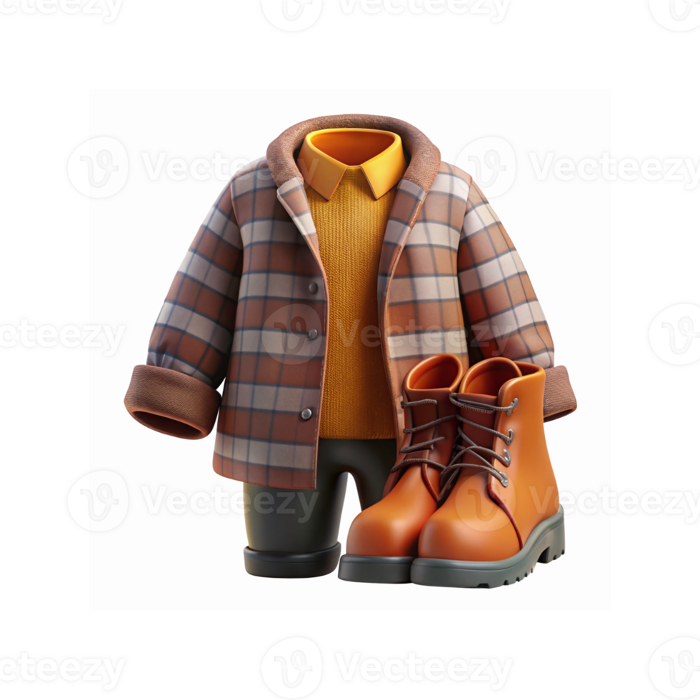 Stylish Plaid Jacket with Yellow Sweater and Orange Leather Boots on Transparent Background png