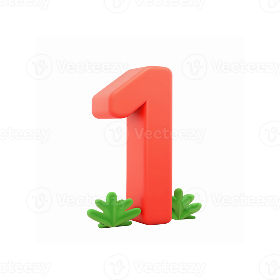 Red 3D Number One with Green Leaves for Education or Ranking Themes Transparent Background png