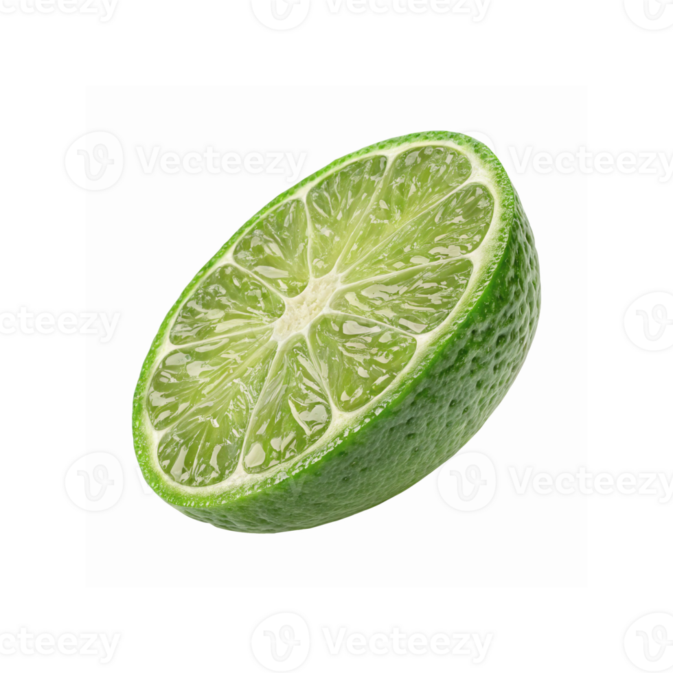 Closeup of Fresh Juicy Green Lime Half Showing Textured Rind and Glossy Pulp for Food and Beverage Uses png