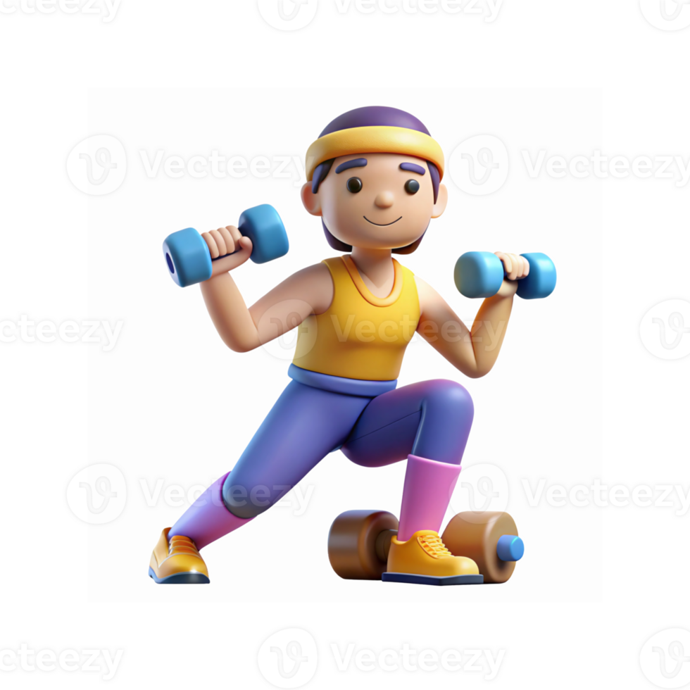 3D Illustration of Woman Exercising with Dumbbells Wearing Yellow Top and Purple Accessories on Transparent Background png