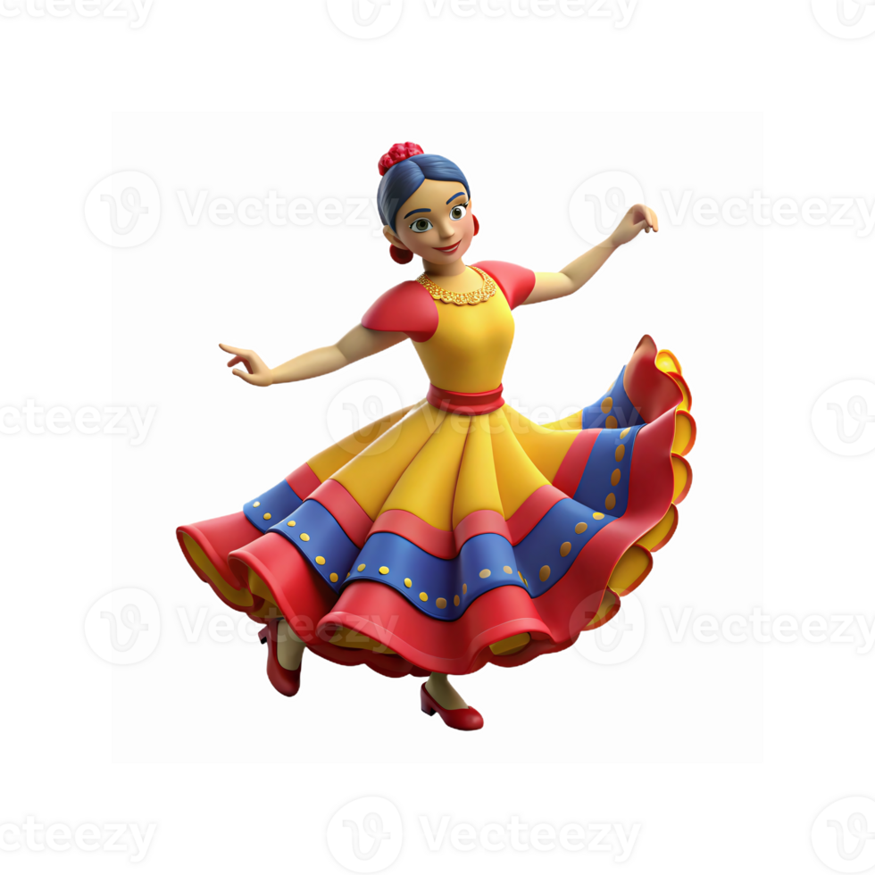Animated Woman Dancing in Vibrant Traditional Yellow Red Blue Dress with Cheerful Expression png