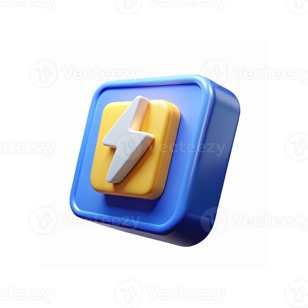 3D Icon of Yellow Lightning Bolt on Blue Square for Energy Power App Concept Isolated on Transparent Background png