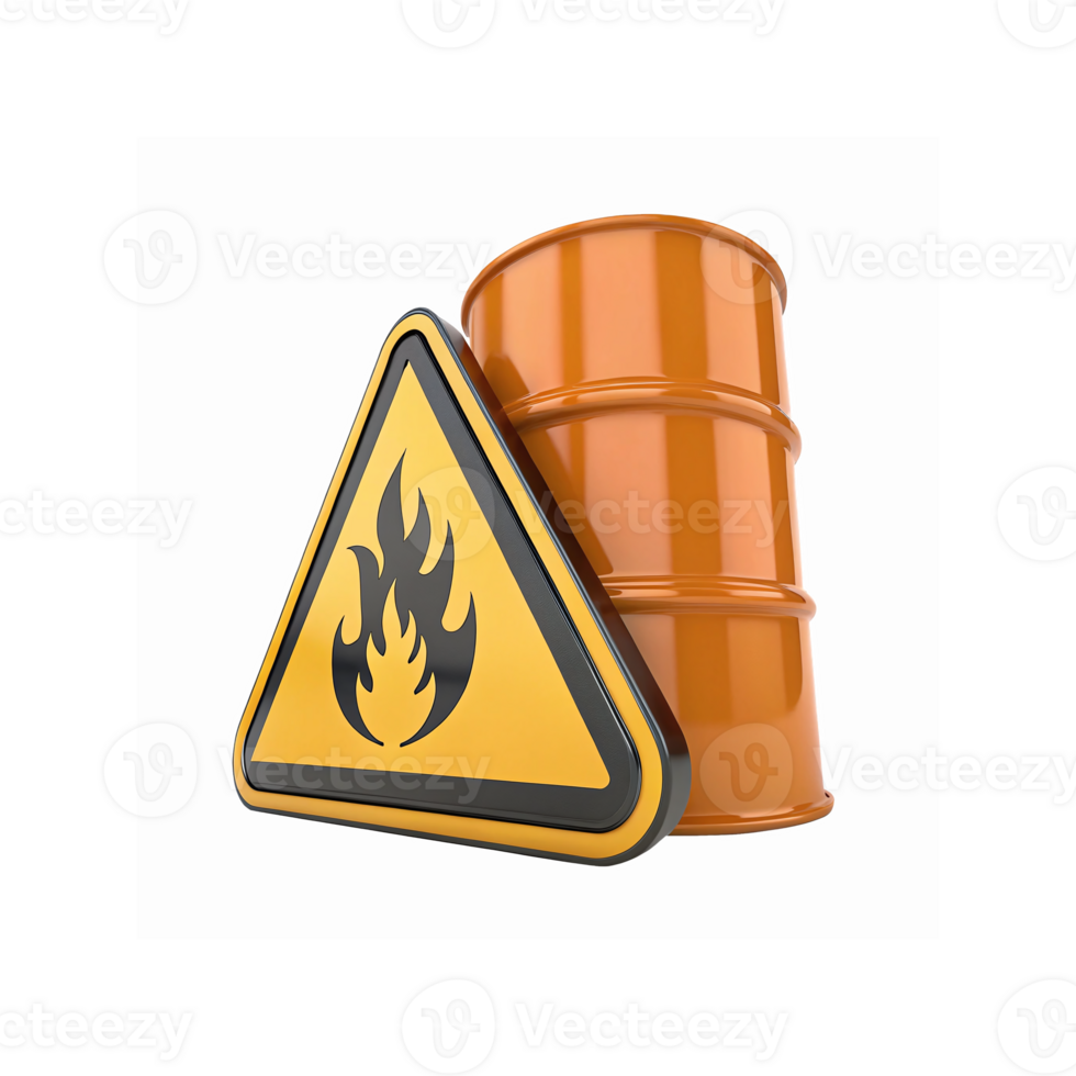 Yellow Fire Hazard Warning Sign with Orange Barrel Symbolizing Flammable Materials Safety png