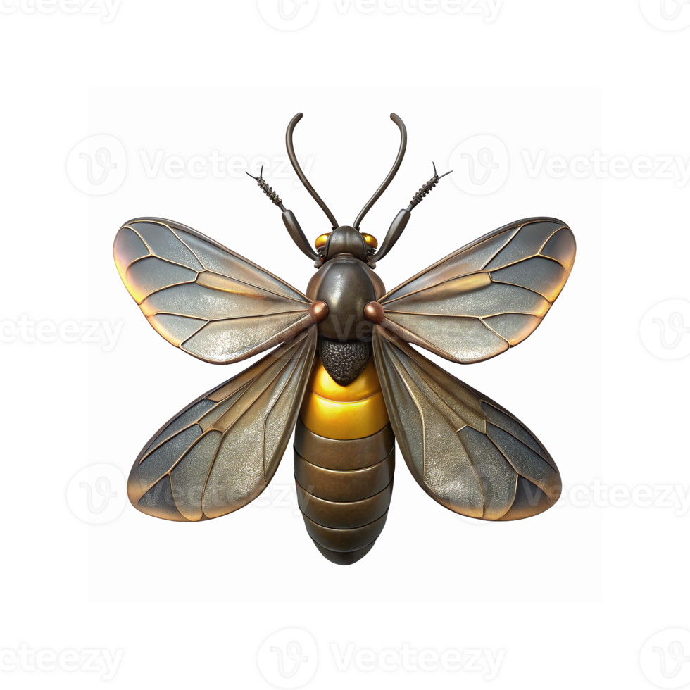 Metallic Robotic Firefly with Detailed Wings and Golden Glow on Transparent Background for Tech Design png