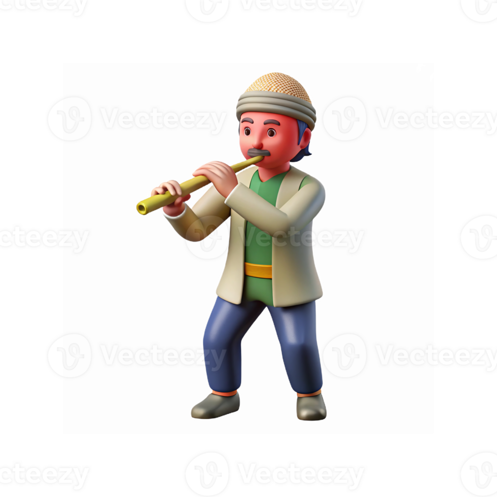 3D Illustration of Musician Playing Flute in Traditional Clothing with Transparent Background png