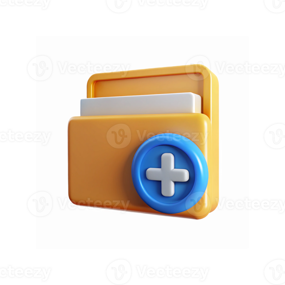 Yellow Folder Icon with Blue Plus Sign for File Management and Data Organization on Transparent Background png