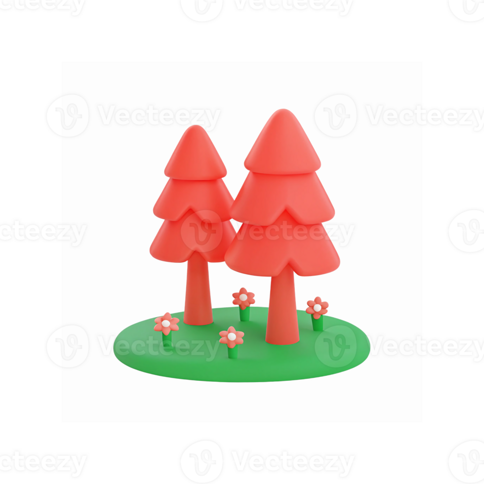 Minimalist Pink Cartoon Trees and Flowers on Green Base for Nature and Kids Design Concepts png