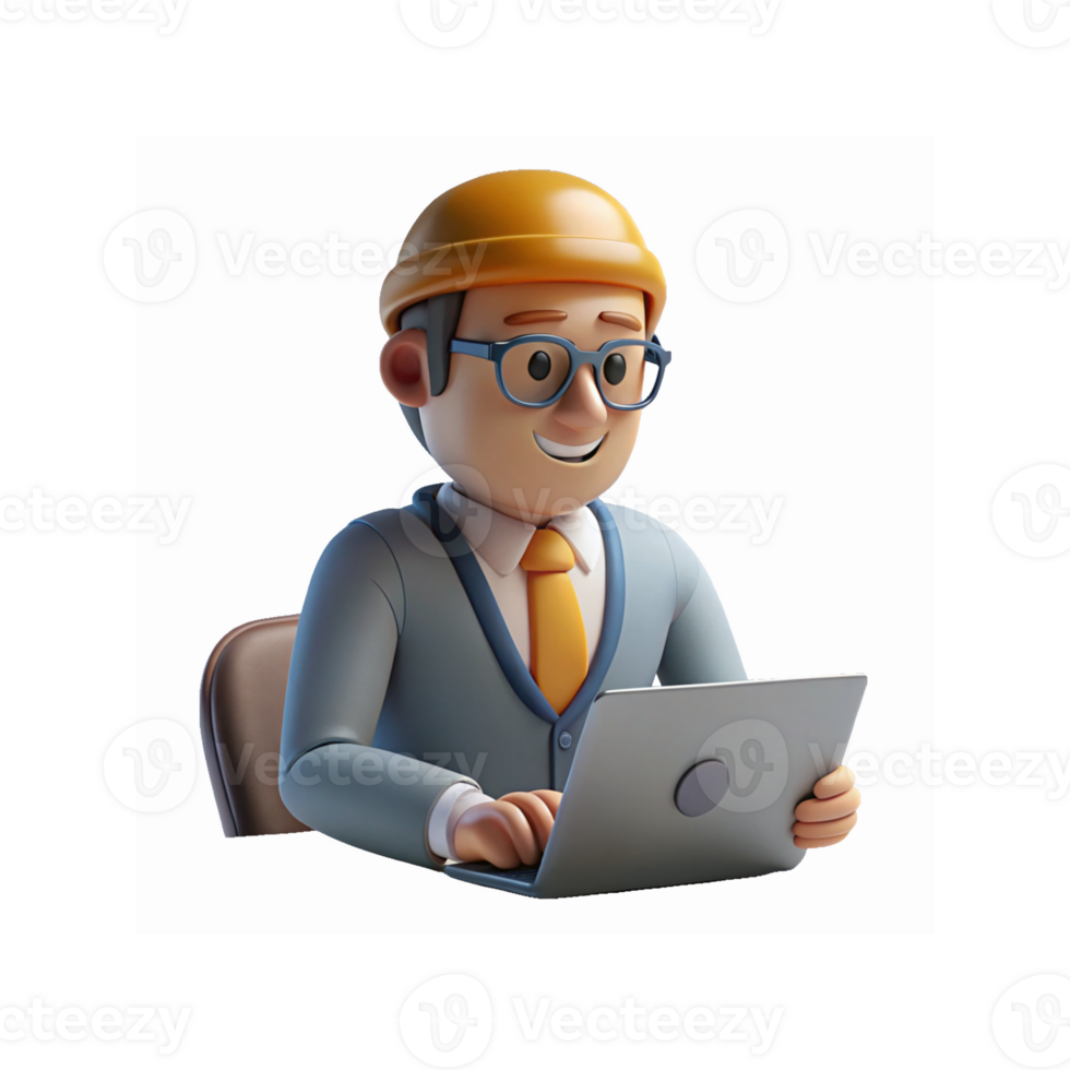 Smiling Male Engineer Working on Laptop Wearing Yellow Safety Helmet and Glasses in Professional Attire png