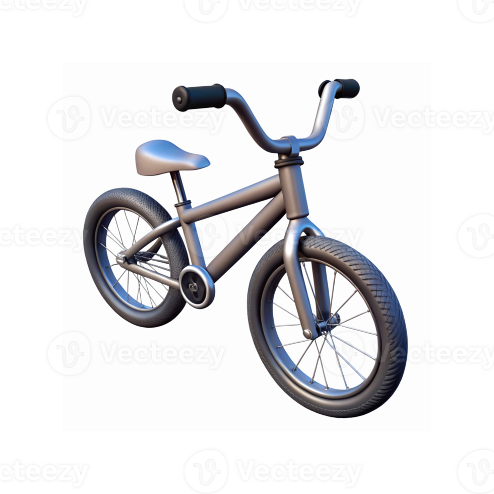 Closeup Modern Silver Metallic Kids Bicycle Design with Black Tires and Handlebars on Transparent Background png