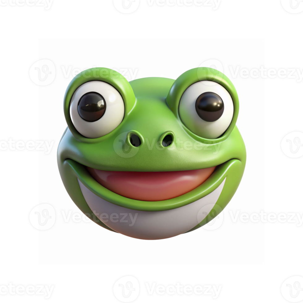 Green Cartoon Frog Face with Big Eyes Bright Smile and Funny Expression Digital Illustration png