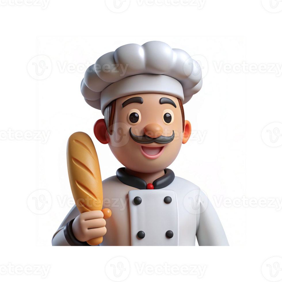 Smiling Cartoon Baker Chef Holding Baguette in White Coat and Chef Hat with Mustache png