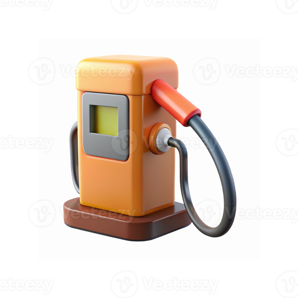Retro orange and red gasoline pump design with yellow screen and black hose on transparent background png