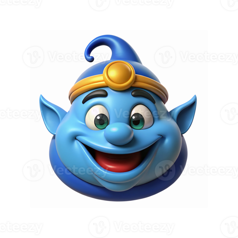 Blue Genie Character with Gold Headband Cheerful Expression on Transparent Background for Fantasy Design png
