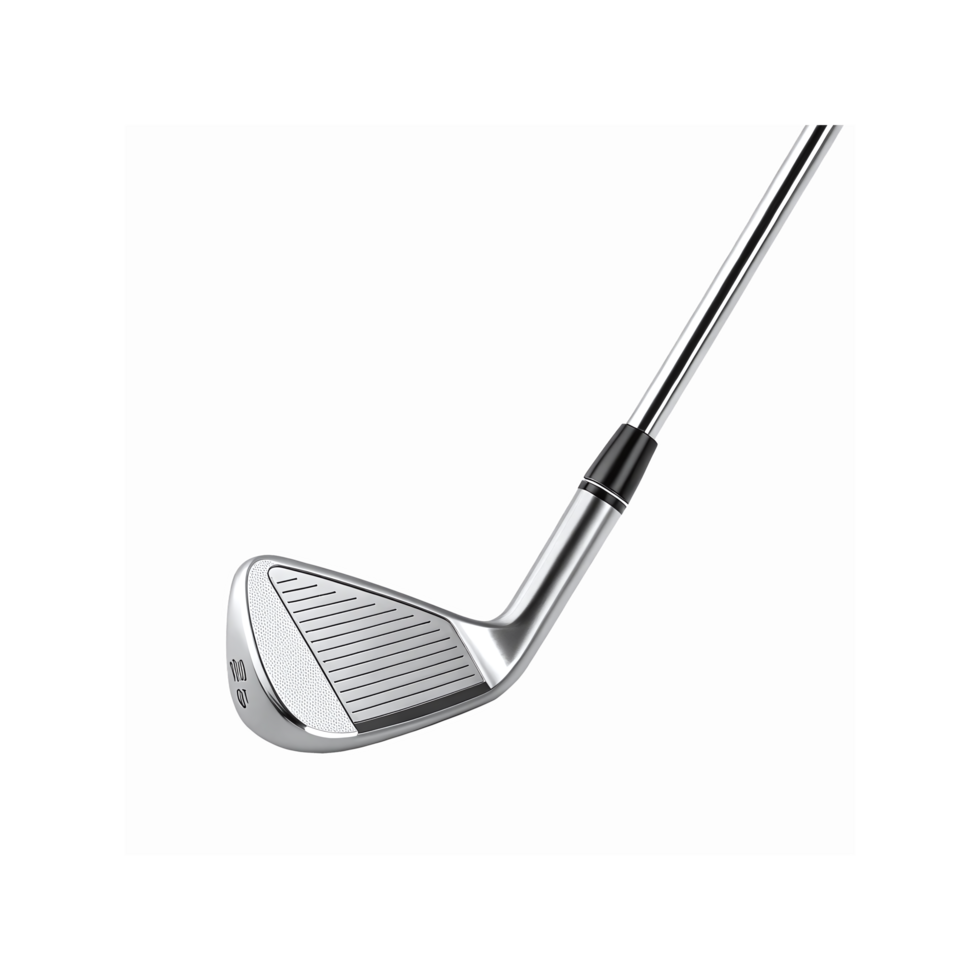 Closeup View of Shiny Metallic Golf Iron Club Head with Grooves for Precision Outdoor Sports Equipment png