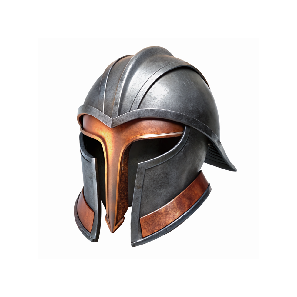 Medieval Steel and Bronze Helmet with Engraved Details for Historical Warfare or Costume Design png