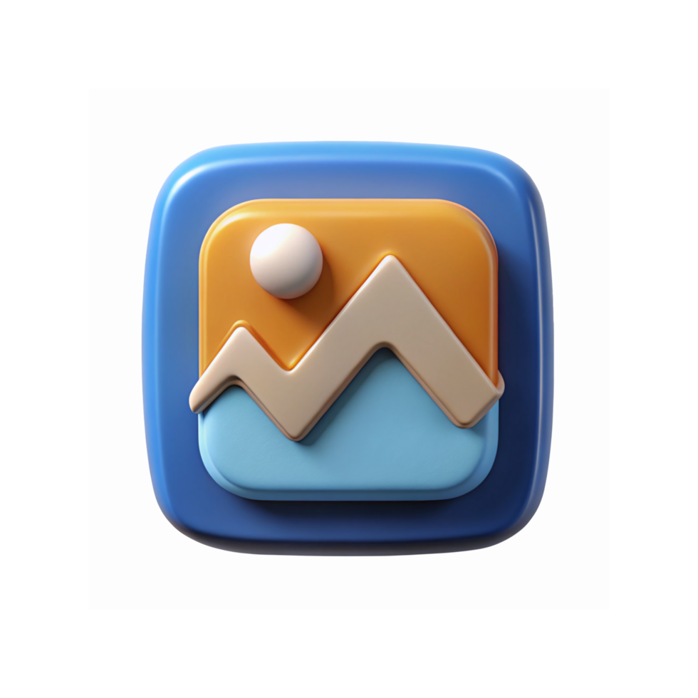 3D Illustration of Icon with Mountain Sun Design in Blue Orange and White Tones png