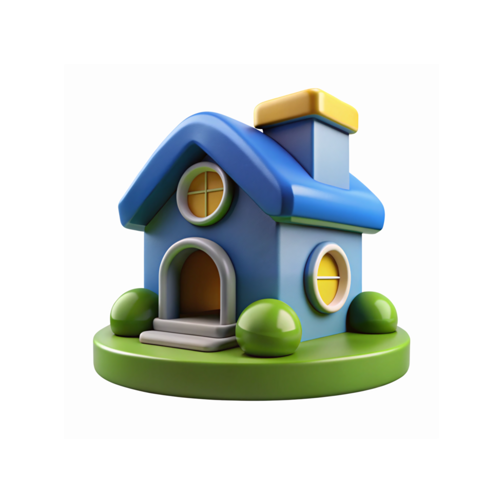 Blue Cartoon Style Toy House Model With Green Base Yellow Windows And Bushes On Transparent Background png