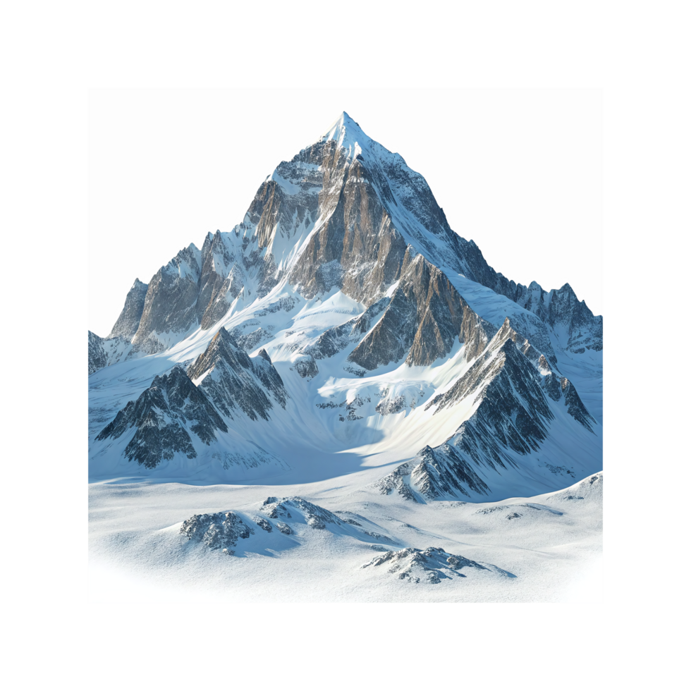 Majestic Snow-Covered Mountain Peak with Rugged Textures and Rocky Slopes Under Bright Light png