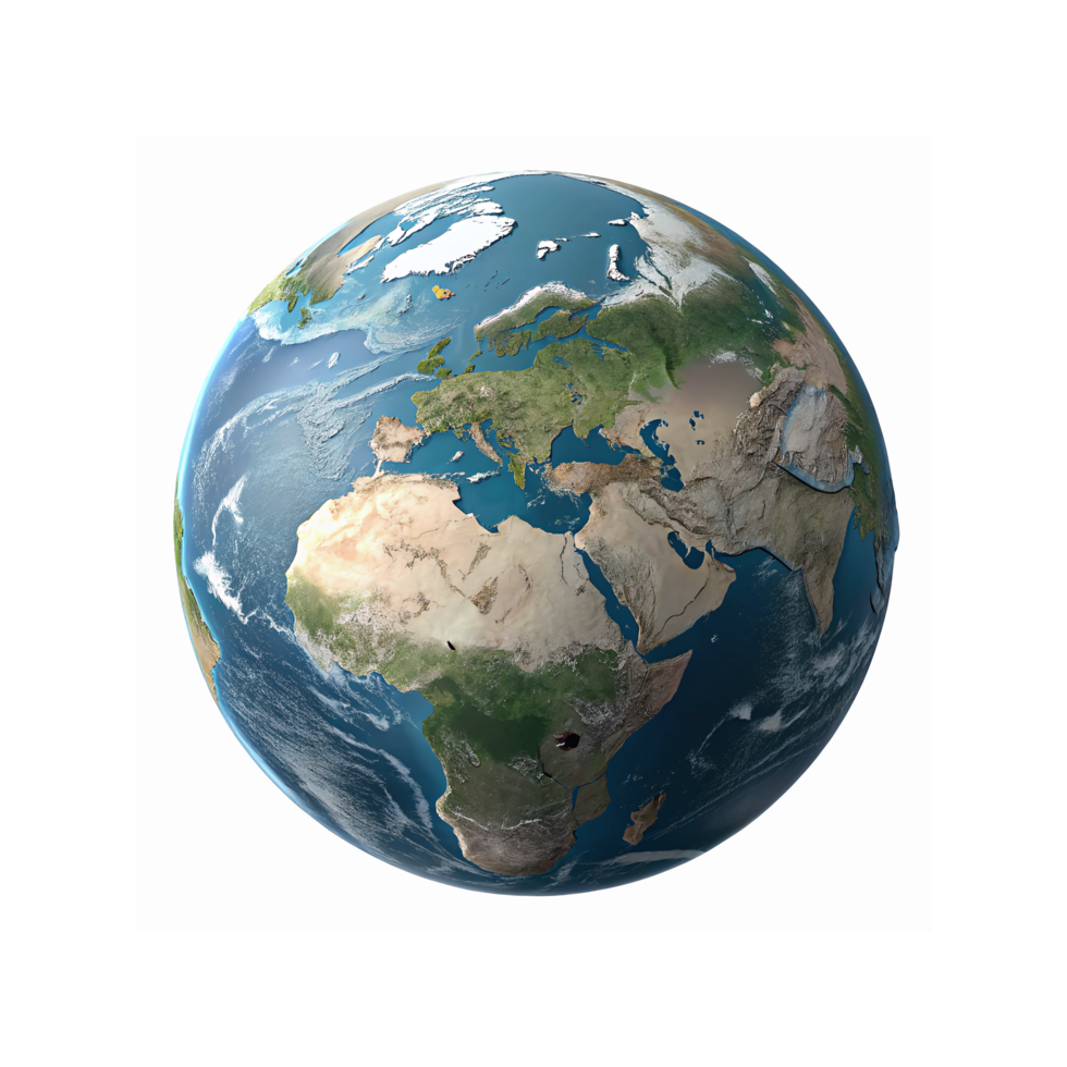Realistic Detailed Earth View Highlighting Africa Europe Middle East with Oceans and Transparent Background png