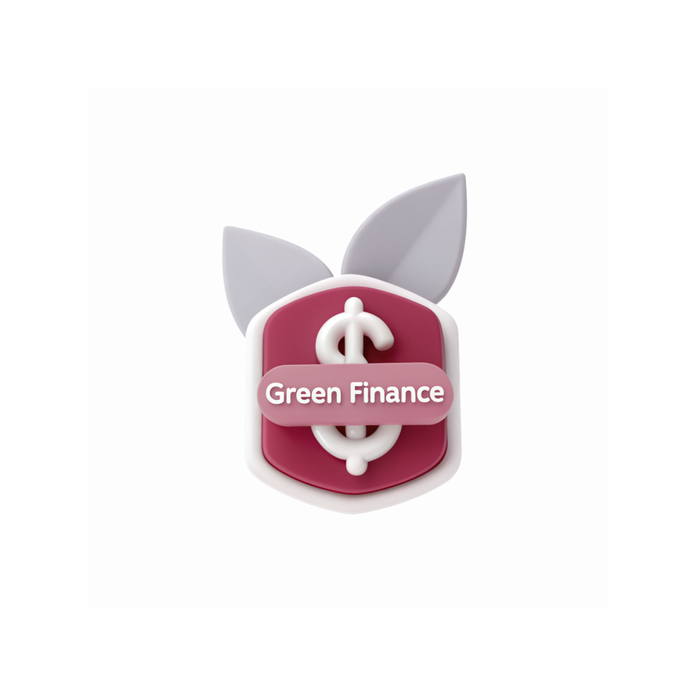 White Dollar Symbol on Red Badge with Green Finance Text and Leaf Decoration for Sustainable Banking png