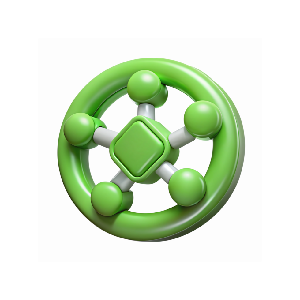Glossy Green Circular 3D Abstract Network Icon with Connected Nodes and Central Square Design png