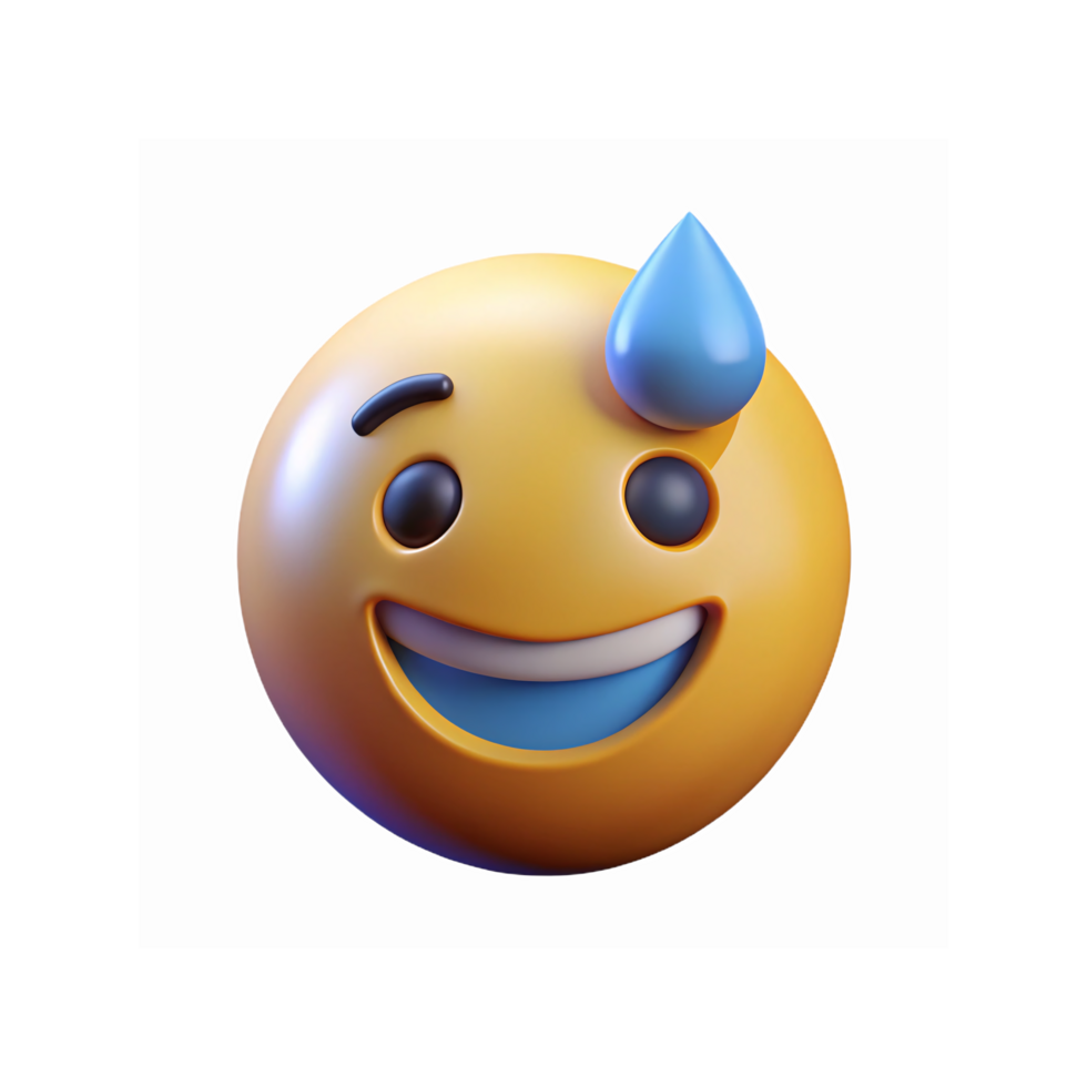 3D Smiling Face Emoji with Sweat Drop Expressing Nervousness or Relief on Transparent Background png