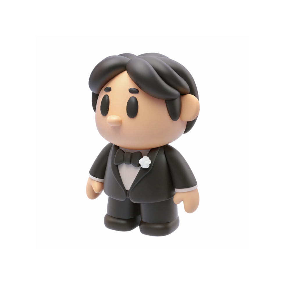 3D Cartoon Groom Character in Black Suit with Bow Tie and White Flower for Wedding Illustrations png