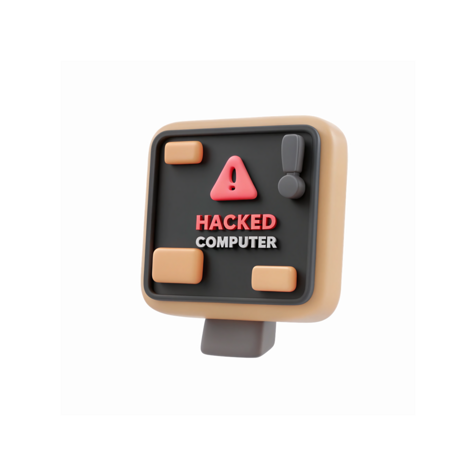 3d cartone animato stile violato computer schermo con rosso avvertimento triangolo e esclamazione marchio per sicurezza informatica concetto png