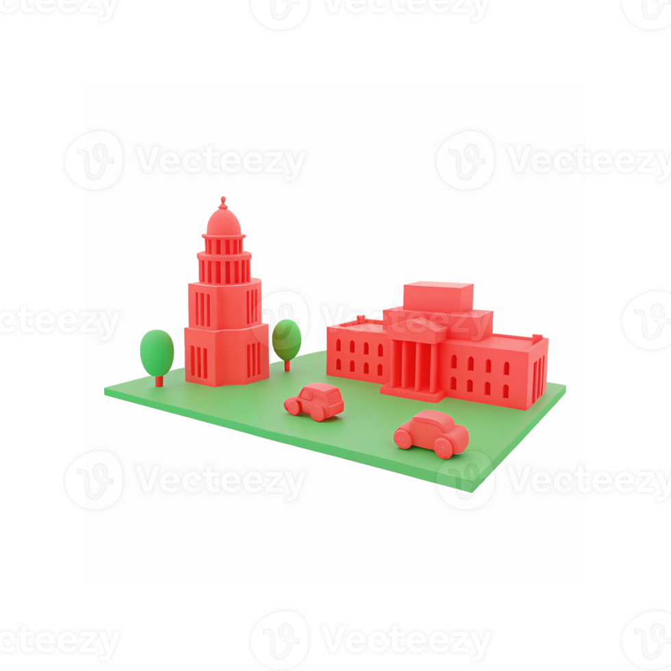 3D Illustration of Red Government Buildings and Cars on Green Base with Trees in Minimalist Design png