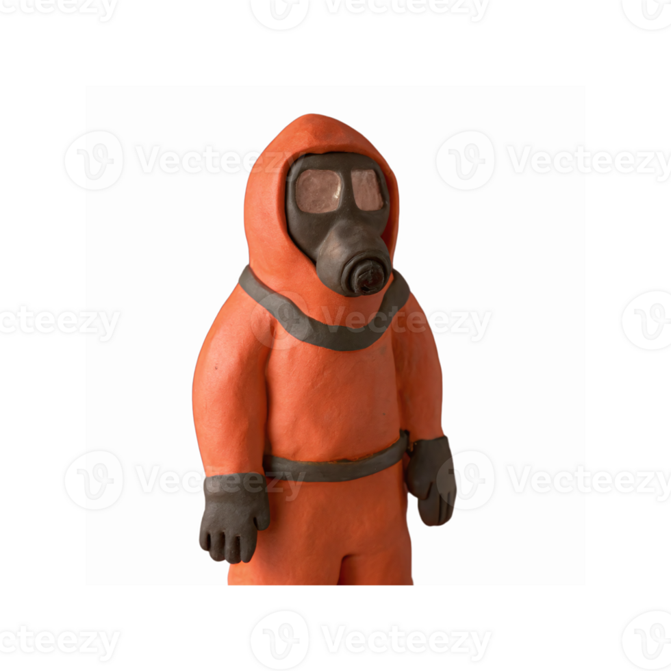 Bright Orange Clay Figure in Hazmat Suit with Gas Mask for Safety and Hazard Representation png