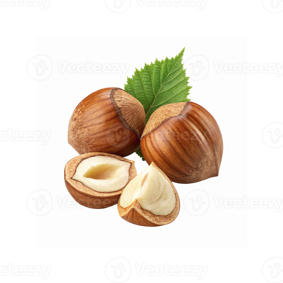 Fresh Brown Hazelnuts With Green Leaf And Split Shells On White Background For Food Or Snack Design png