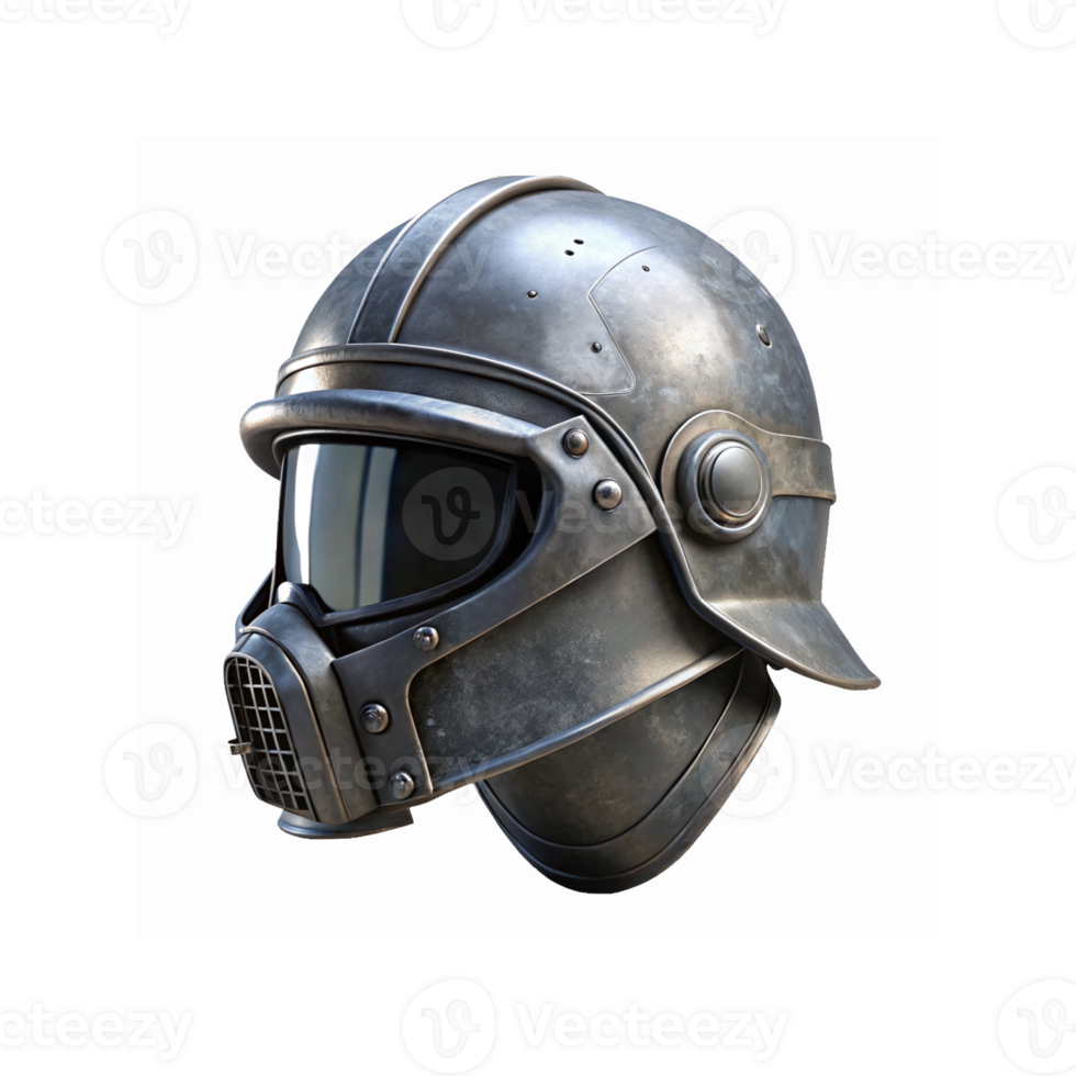 Metallic Tactical Helmet with Built-In Gas Mask and Visor for Protection and Combat Gear Use png