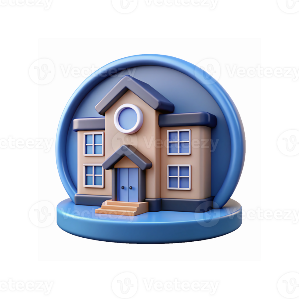 3D Illustration of Beige and Blue House Icon on Circular Base for Real Estate and Architecture Concepts png