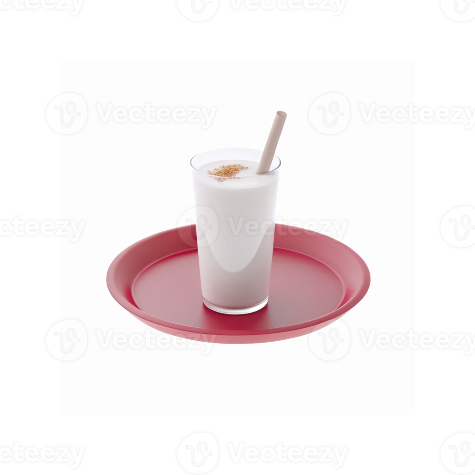 Glass of White Milkshake with Brown Straw and Garnish on Pink Circular Tray Transparent Background png