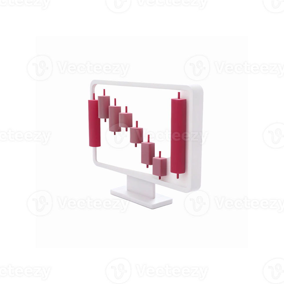 3D Computer Screen Displaying Red and Pink Candlestick Chart for Financial Data Analysis png