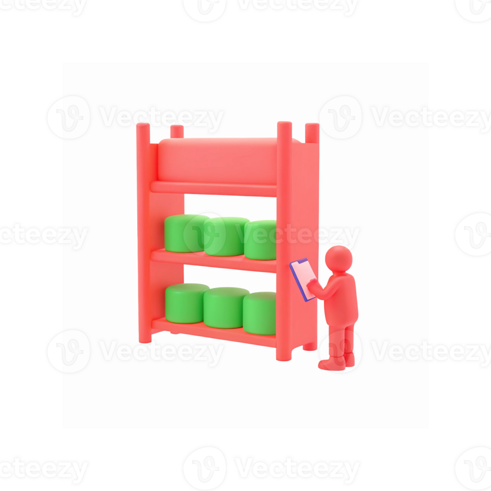 Red Shelf With Green Storage Items and Person Holding Clipboard on Transparent Background for Inventory Management png