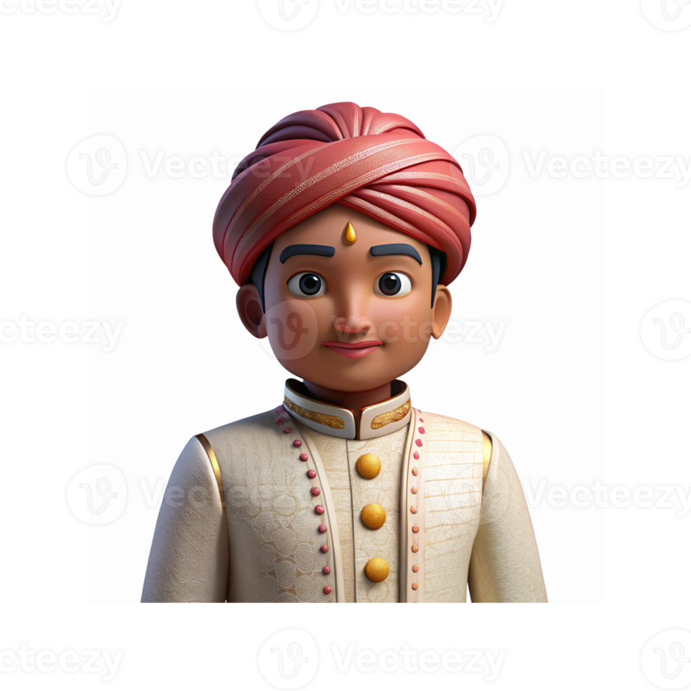 Young Male Character in Traditional Cream Outfit with Red Turban and Gold Details on Transparent Background png