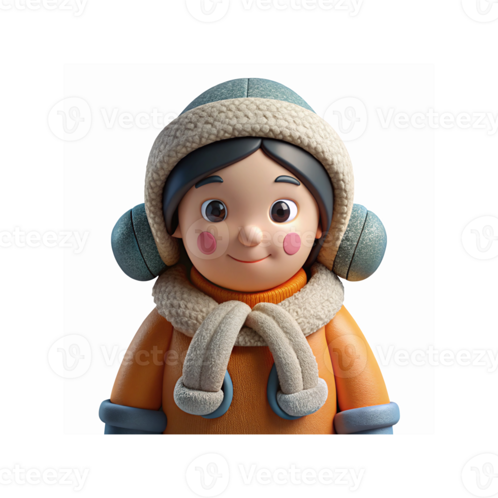 Adorable Winter Cartoon Character in Cozy Orange Jacket and Fuzzy Hat with Ear Muffs for Cold Weather Themes png