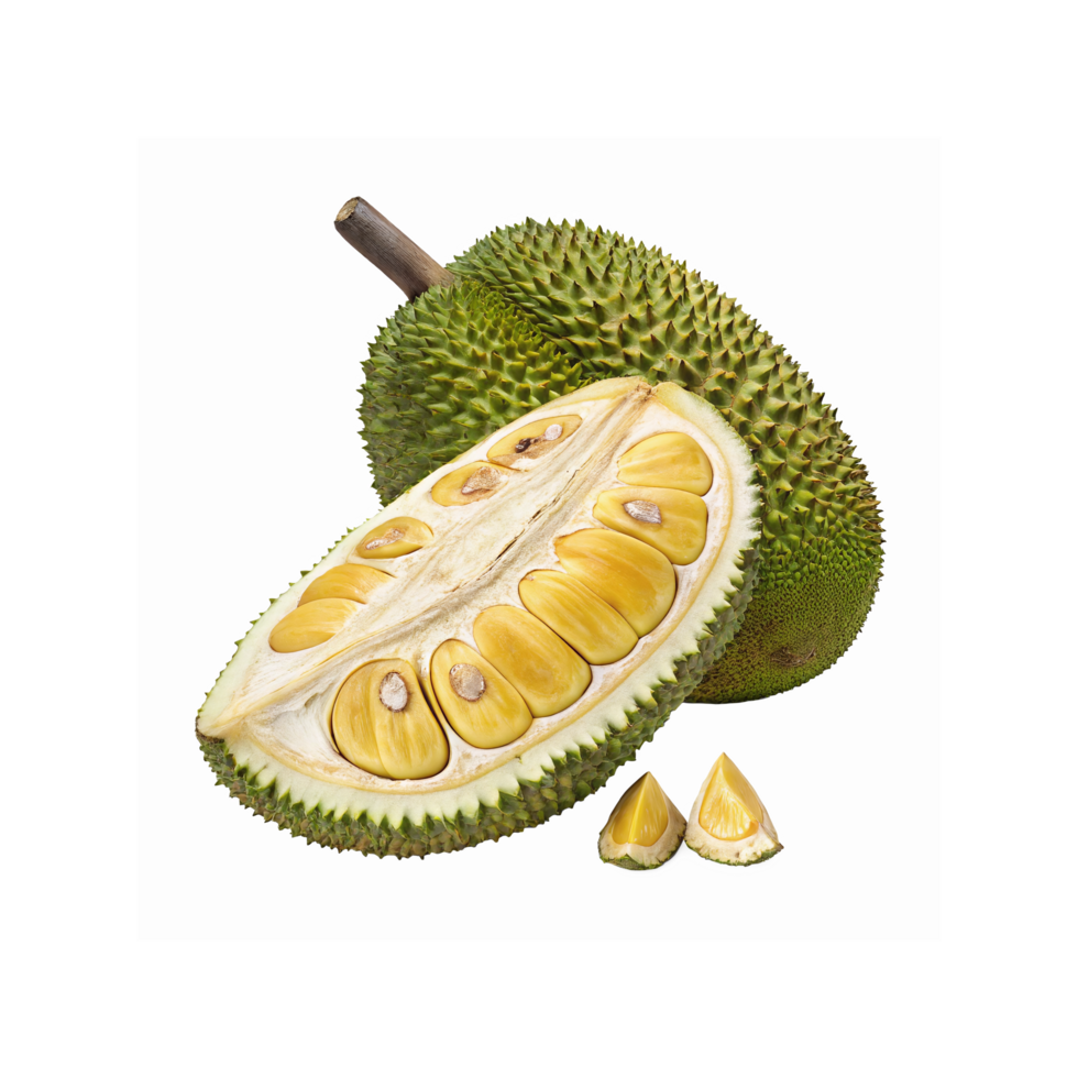 Whole Green Jackfruit with Sliced Half Showing Yellow Pulp and Seeds on Transparent Background png